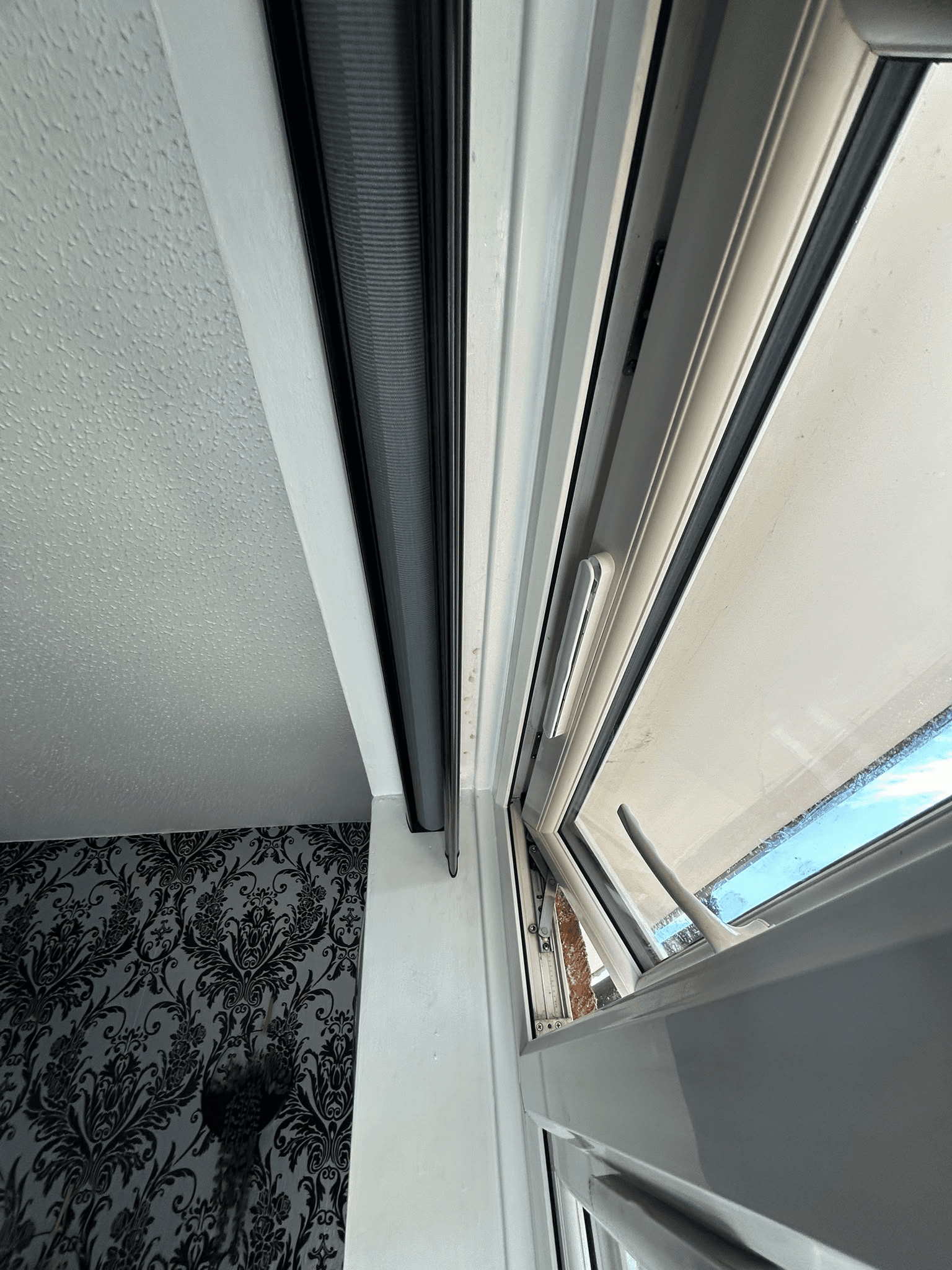 Interior window frame fitting close-up